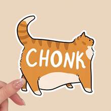 可爱猫咪贴纸 | 防水虎斑猫乙烯基贴纸 | 可爱的橘白猫咪设计，带有“CHONK”字样，非常适合贴在汽车、笔记本电脑、水瓶上，乙烯基材质 - 彩色 - 查看 1