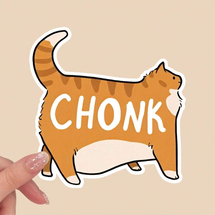 可爱猫咪贴纸 | 防水虎斑猫乙烯基贴纸 | 可爱的橘白猫咪设计，带有“CHONK”字样，非常适合贴在汽车、笔记本电脑、水瓶上，乙烯基材质 - 彩色 - 查看 1