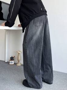 1pc Fashionable Distressed Loose Fit Casual Jeans For Men, Wide Leg Denim Pants (No Belt & Accessories) - Xám - Xem 1