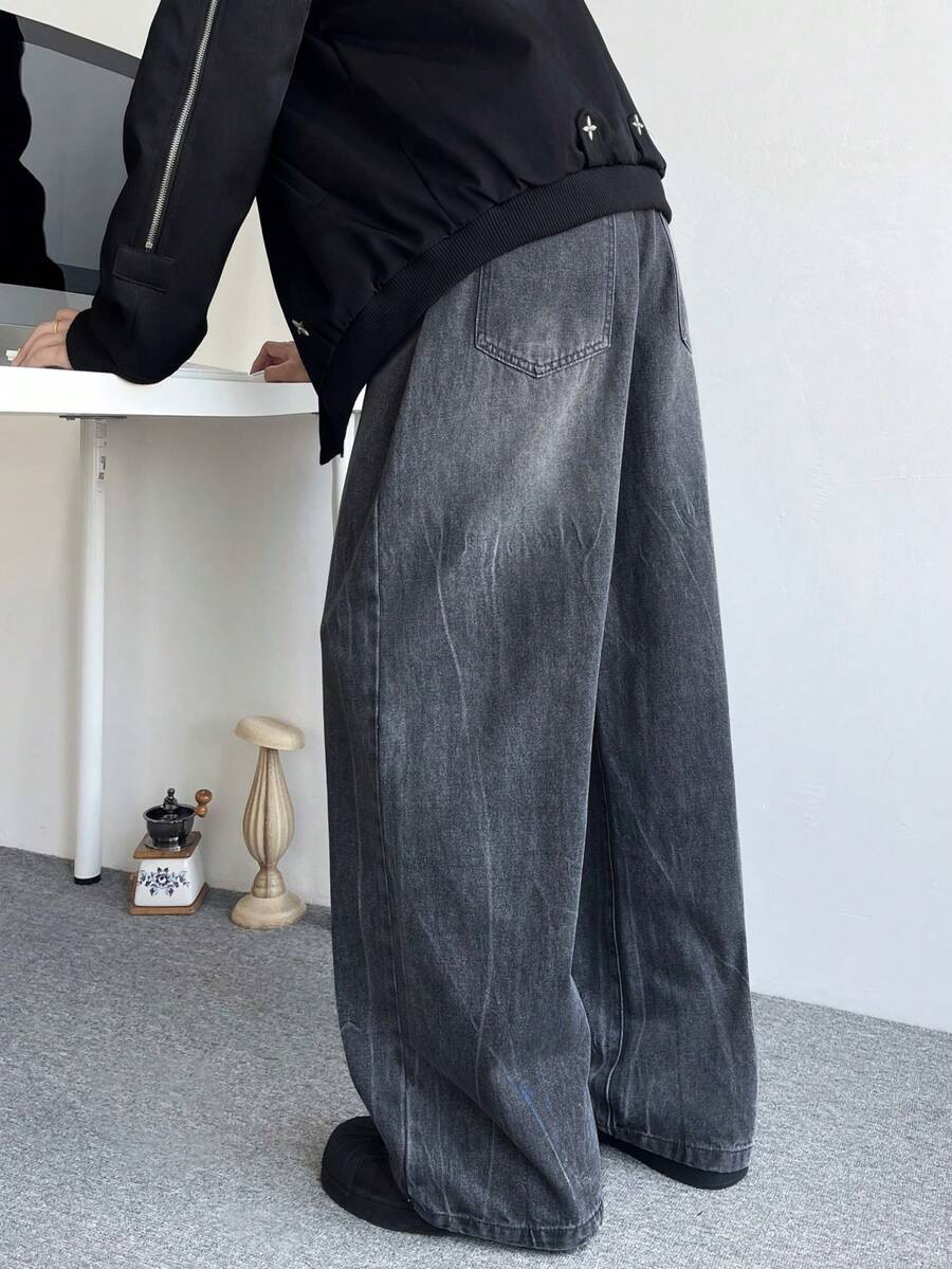 1pc Fashionable Distressed Loose Fit Casual Jeans For Men, Wide Leg Denim Pants (No Belt & Accessories) - Xám - Xem 1