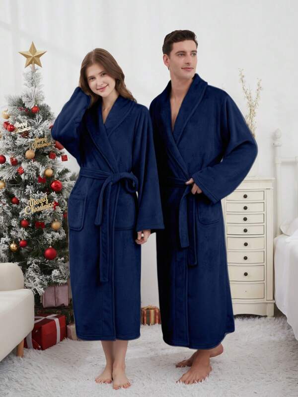 1 pièce Peignoir unisexe décontracté ample et doux en flanelle avec poches, col montant, convient pour le port à la maison, au printemps, en automne et en hiver