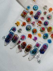 1 Stück Blumen Nail Art Aufkleber, geprägtes Muscheldesign mit Glanz, handbemalte Rosen, mit mehrfarbigen Rosen, Pfingstrosen und europäischen Architektur Fenstermustern, geeignet für persönliches DIY und Nagelstudios Nägel Nagelbedarf Nagelaufkleber - Verschiedenfarbig - Übersicht 8