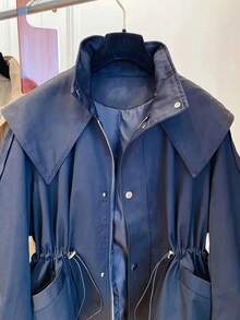 1pc Solid Color Woven Fabric Drawstring Pocket Front Button Trench Coat, Casual Spring/Autumn - Navy Blue - View 3