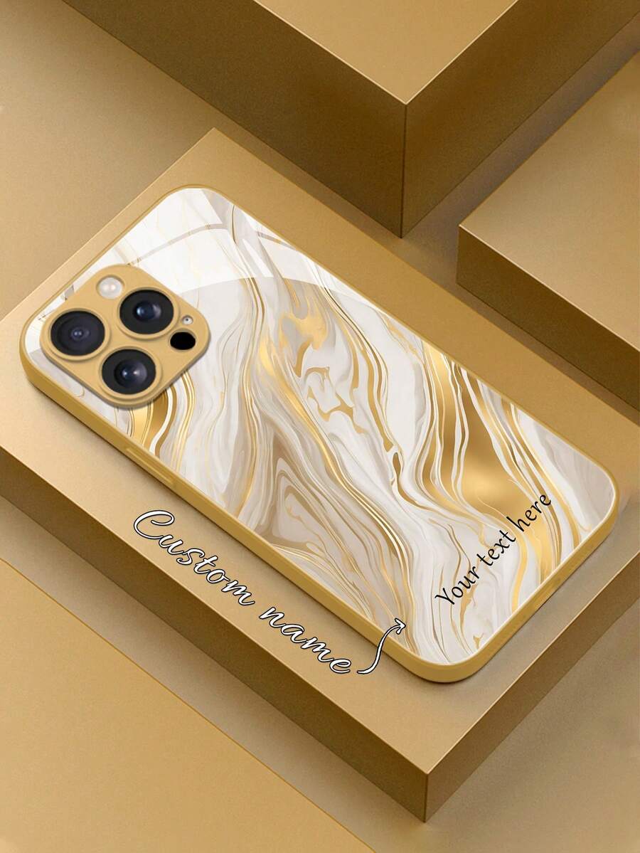 1pc Customized Name, Multi-Texture Gold Marble Pattern Glass Phone Case Compatible With Apple 17 Pro Max/16 Pro Max/15 Pro/14 Plus/13 Pro/12 Pro Max/11/XS Max/8/7/6 Plus, Galaxy S24 Ultra/S25 Ultra, Fashionable, Colorful, Cute, Fun, Minimalist, Mother's Day, Father's Day Phone Case, Phone Cover, Phone Accessory, Customized Phone Case - Gold - View 1