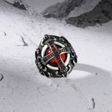 1pc Gothic Style Cross Ring, Fierce Ruby & Diamond Ring, Titanium Steel Crown Ring
