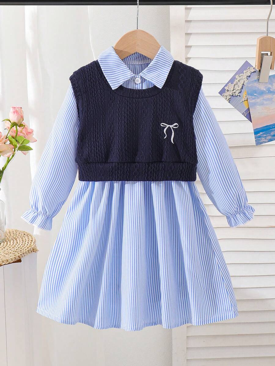 女童校服蝴蝶结刺绣针织背心+条纹长袖翻领衬衫裙两件套 - 藍色 - 查看 1