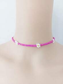 1 chiếc vòng cổ hoa cúc dệt hạt cườm dành cho nữ, vòng cổ choker phong cách Bohemian - Màu Hồng Tươi - Xem 2