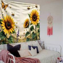 1pc Sunflower Garden Party Tapestry Backdrop With Butterflies & Bees - Vibrant 2D Fabric Art Print Poster For Indoor/Outdoor Decor, Home Wall Tapestry, And Event Decorations, Garden Decoration, Multi-Use In Mixed Sizes, Ideal Gift For Family, Friends & Classmate - Style 1 - View 4