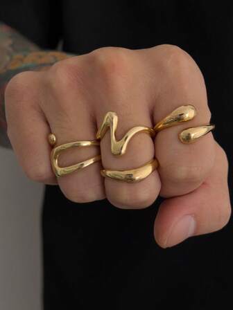 4pcs Fashionable High-End Versatile Men's Rings, Z-Shaped Double Layer Water Drop Ring Set, Stylish Accessories