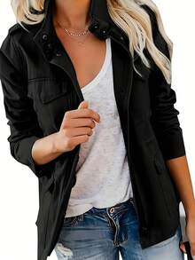 Women's Black Utility Jacket, Stand Collar Zip Up Lightweight Field Jacket, Casual Spring Streetwear Coat - màu đen - Xem 1