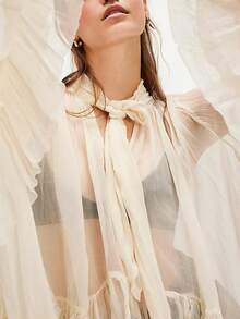 Women's Ruffled Tops Bow Tie Design Long Sleeve Peplum Lace Trim Chiffon Shirt Sheer V Neck Boho Ruffle Beach Blouse - Màu be - Xem 2