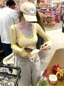 U-Neck Long Sleeve Fitted Sexy Minimalist T-Shirt Top For Women Valentine's Day, Winter/Spring - Yellow - View 4