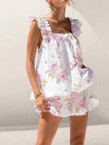 Womens Pajamas Set Bow Floral Print Ruffle Sleeveless Tank Top And Shorts Sleepwear Set Summer 2 Piece Outfits Women Floral Print Pajama Sets 2 Piece Lounge Set Ruffle Trim Sleeveless Top And Shorts Pjs Sleepwear - 白底玫瑰花 - 查看 4