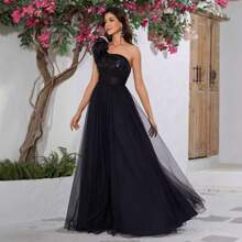 Women's Ball Gown Evening Dress With Three-Dimensional Flowers, Single Shoulder Decorated With Mesh, Elegant And Graceful Evening Dress - CJL20115