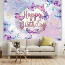 Purple Butterfly And Flower Sparkling Birthday Background - Polyester Photography Background For Spring Theme Celebration, Photo Pavilion Props And Room Decoration