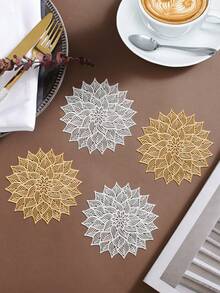 12pcs Gold Flower Coasters, PVC Material 3.94inch Round Coffee Cup Mats, Washable, Easy To Clean, Wipe-Able, Non-Slip, Heat-Resistant, Suitable For Room Decor, Dining Table Decor, Home Decor, Ideal For Holidays, Parties, Birthdays, Weddings And Dinners - Gold - View 1
