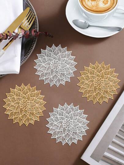 12pcs Gold Flower Coasters, PVC Material 3.94inch Round Coffee Cup Mats, Washable, Easy To Clean, Wipe-Able, Non-Slip, Heat-Resistant, Suitable For Room Decor, Dining Table Decor, Home Decor, Ideal For Holidays, Parties, Birthdays, Weddings And Dinners