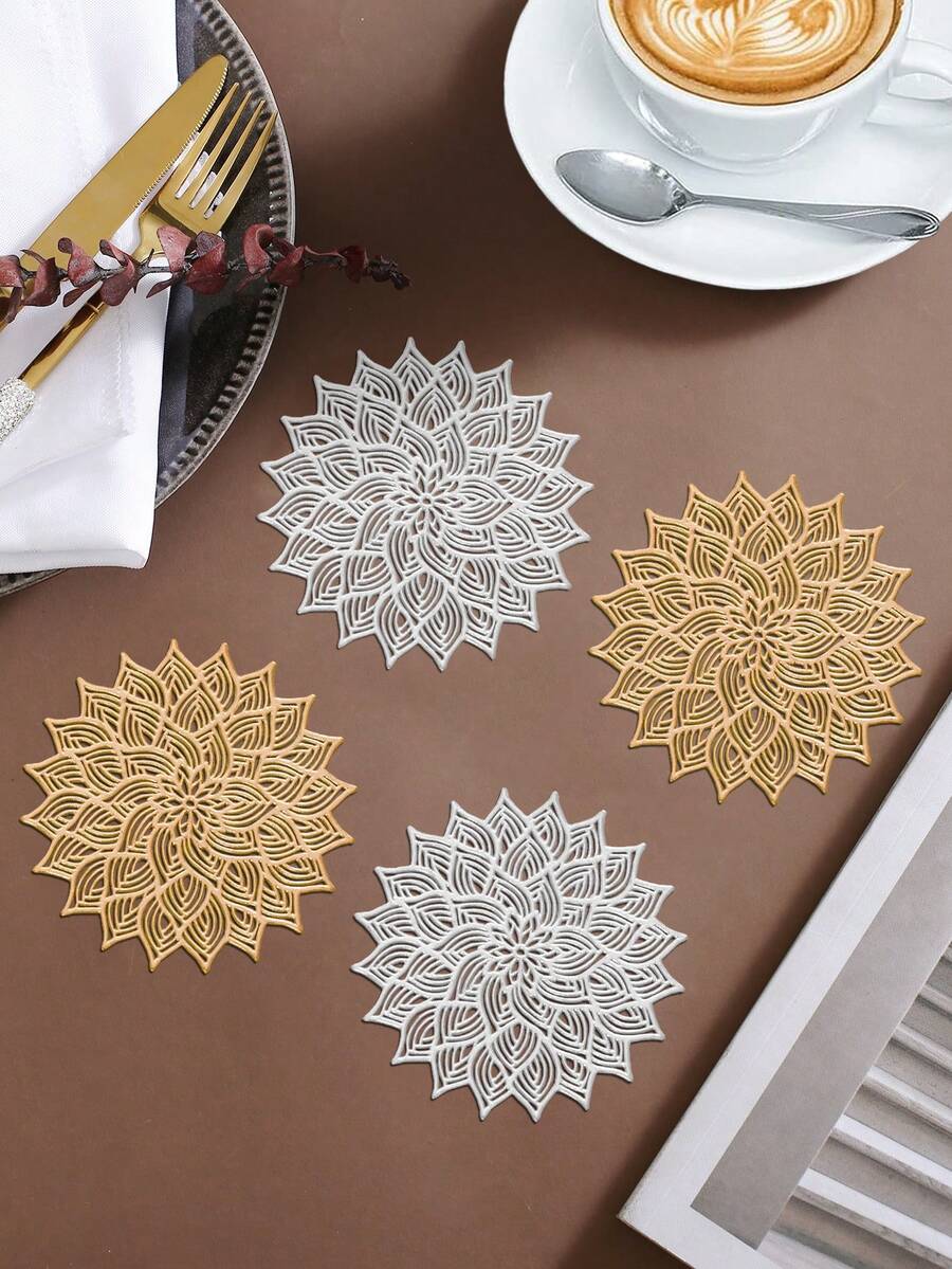 12pcs Gold Flower Coasters, PVC Material 3.94inch Round Coffee Cup Mats, Washable, Easy To Clean, Wipe-Able, Non-Slip, Heat-Resistant, Suitable For Room Decor, Dining Table Decor, Home Decor, Ideal For Holidays, Parties, Birthdays, Weddings And Dinners - Gold - View 1