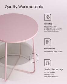 VASAGLE End Table, Small Bedside Table With Fabric Basket, Modern Nightstand, Round Side Table, For Living Room, Bedroom, Jelly Pink And Cream White - Pink and White - View 5