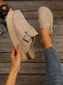 女士时尚休闲一脚蹬厚底乐福鞋，厚底半包边休闲一脚蹬平底鞋，春/秋，穆勒鞋 - 卡其 - 查看 5