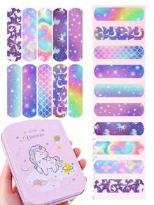 50/36/30/20 片装，包含 6 片独立包装的透气创可贴，柔软舒适，色彩鲜艳，印有可爱的卡通独角兽图案，防水。可选铁盒包装或独立包装。适用于手足护理，经久耐用，也可作为身体防护贴使用！设计可爱，也适合派对装饰。 - 彩色 - 查看 16