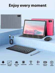 Relndoo 10.1 Inch Android Tablet, Android 14 Tablets, 16GB RAM+128GB ROM, Octa-Core Processor, Supports 1TB SD Expansion, 802.11n Wifi 2.4G/5G Wireless, 5MP+8MP Dual Camera, 6000mAh Battery, 1280*800 IPS HD Screen, Tablet PC With Leather Case, Mouse, Stylus, Keyboard, Protective Film, Cable (No Adapter)-PINK - Hồng - Xem 2