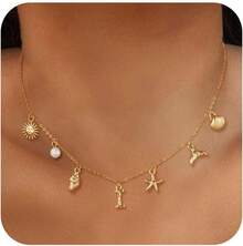 CAROVO Gold Initial Charm Necklace Women Letter A-Z Necklace 14K Gold Plated Charm Pendant Necklace Boho Summer Seashell Beach Starfish Surfer Jewelry - i - 查看 1