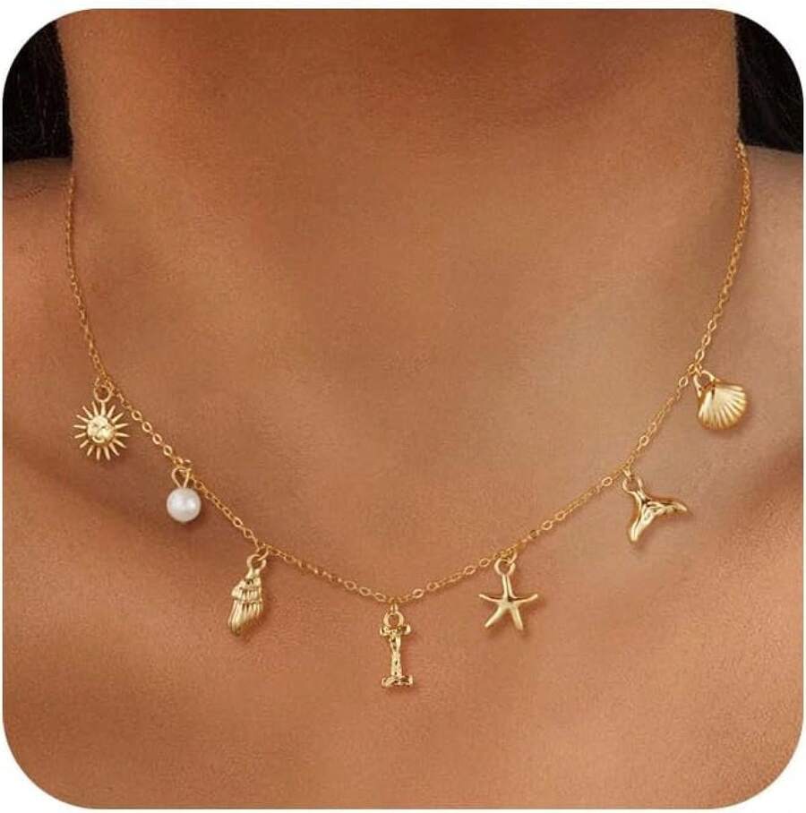 CAROVO Gold Initial Charm Necklace Women Letter A-Z Necklace 14K Gold Plated Charm Pendant Necklace Boho Summer Seashell Beach Starfish Surfer Jewelry - i - 查看 1