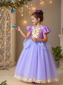 小女孩紫色亮片盖袖网眼公主裙，适合派对