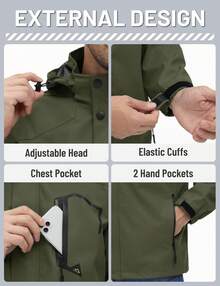 Men's Hooded Raincoat Waterproof Outdoor Hiking Jacket Casual Work Coat Outerwear - 軍綠色 - 查看 6