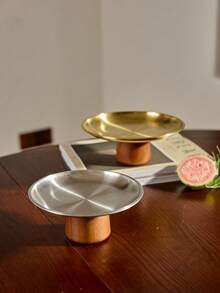 Cirelle 1pc Stainless Steel Cake Stand With Wooden Base, Dessert Display Platter, Multifunctional Fruit Tray, Suitable For Tabletop Decor, Home And Kitchen Dining Plate, Use Back To School - Multicolor - View 2