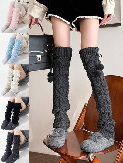 1 par de calentadores de piernas tejidos para mujer, puños de piernas gruesos y cálidos con bolas de peluche en forma de corazón para adolescentes, calentadores de piernas por encima de la rodilla, adecuados para uso diario y actuaciones, regalo