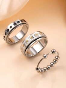3pcs Fashionable Stainless Steel Rotatable Rings With Daisy/Silver Bead Design, Matching Daily Outfits, Fidget Jewelry