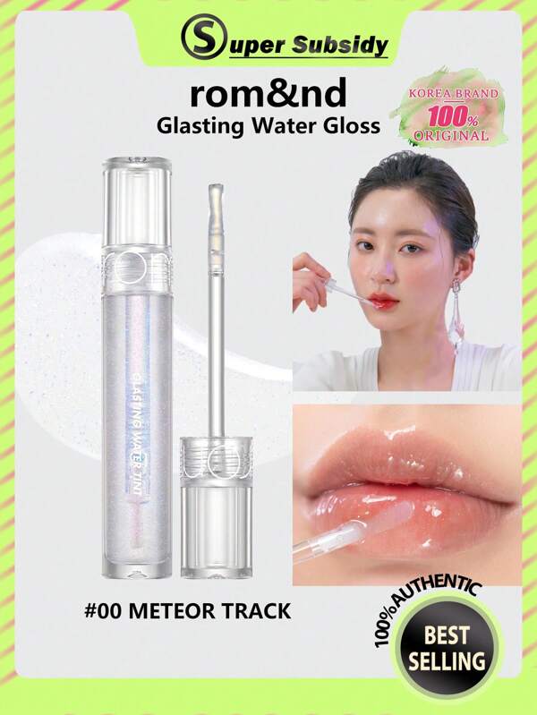 Rom&nd Romand GLASTING WATER TINT 00 METEOR TRACK, Película de rocío respirable fusión, Brillo de cristal aéreo, Tecnología iris-gradiente, Melocotón té gelatina transparente, Velo de polvo de estrella de oro rosa, Brillo de oxígeno de menta helada, Mini barra de retoques SOS, Edición limitada festiva vegana, Secreto de luz natural sin maquillaje, Maquillaje coreano, 4.3g/0.15oz