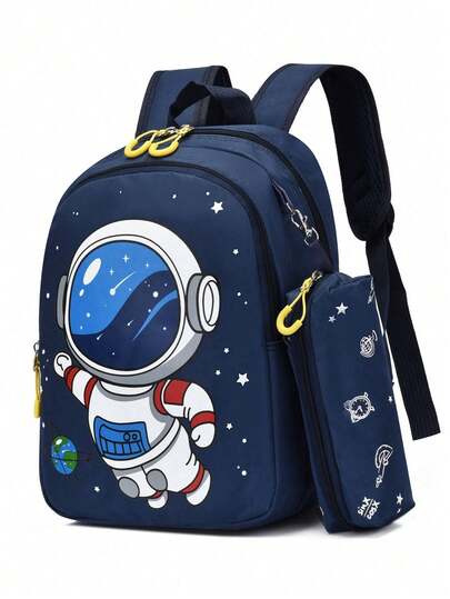 新款时尚卡通外星人图案背包，带小收纳袋，旅行背包礼品