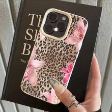 1pc White Leather Texture Minimalist Leopard Print, Pink Orchid & Hibiscus Pattern Phone Case, Suitable For IPhone 16 Pro Max, 15/14 Plus, 13, 12, 11