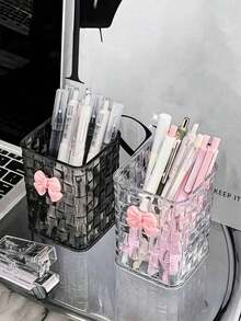 2pcs Transparent Desktop Organizer Box With Decorative Pink Bowknot,Clear Acrylic Desk Organizer,Bathroom Storage Box Toothbrush And Toothpaste Box,Desktop Pen Holder,Clear Acrylic Desktop Organizer,Luxurious Rattan Textured Desktop Storage Box,Multifunctional Organizer Rack,Pen Holder And Storage Case, Ideal For Back-To-School Supplies, Office, Dormitory,And Desk Essentials,1pc