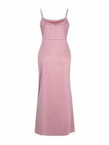 Look Polly 女士连衣裙，纯色真丝长裙，吊带裙，婚礼宾客礼服，秋季女装，返校装，派对礼服，露肩连衣裙，正式礼服，优雅性感高开衩长裙，返校正式礼服，万圣节服装，女士约会之夜装，女士圣诞节装 - 粉色 - 查看 5