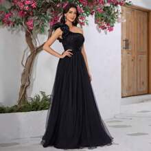 Women's Ball Gown Evening Dress With Three-Dimensional Flowers, Single Shoulder Decorated With Mesh, Elegant And Graceful Evening Dress - CJL20115