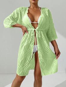 Women's Solid Color Jacquard Off-Shoulder Long Sleeve Beach Cover-Up With Waist Tie - Green - View 4
