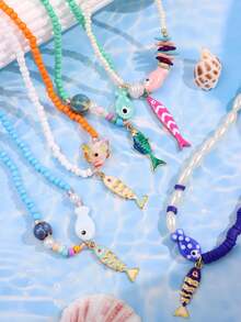 1 件波西米亚风格彩色串珠不锈钢油滴海星和鱼吊坠项链，简约优雅的海滩度假珠宝，多功能海洋主题配饰 - 彩色 - 查看 6