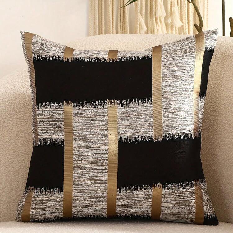 [Luxurious Throw Pillow] 18x18 Inch Luxurious Throw Pillow Covers | Elegant Geometric Pattern,Single-Sided Printed, Envelope Closure, Machine Washable, Black, White, And Golden For Living Room Sofa Decor - 樣式 3 - 查看 1