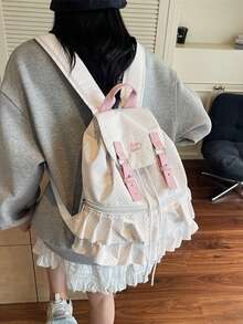 Korean Ins Niche Polka Dot & Striped Backpack, New Versatile Large Capacity Student School Casual Travel Bag , Polka Dot - White - View 5