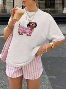 100% Cotton Women'sWhite Cartoon Dachshund Printed T - Shirt, Pink - Dressed Puppy Pattern, Cute - Style Top, Ladies Tshirts, Seasonal Fashion, Round Neckline Shirt