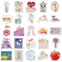 50pcs Vintage Cartoon Fairy Tale Stickers, Cute Retro Aesthetic Sticker Set, Watercolor Fashionable INS Style Stickers, Waterproof Vinyl Stickers Suitable For Water Bottles, Computers, Laptops, Phones, Luggage, Notebooks, Refrigerators, Etc. - F - View 3