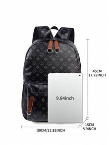 Men's High-End Plum Blossom Print Backpack, Geometric Pattern Retro Floral Design, Waterproof PU Laptop Bag, Large Capacity Travel Backpack For College Students, Business, Daily Use, Gift For Men (Suitable For Back To School Season) Waterproof Backpack - Black - View 3