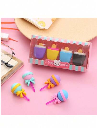 4pcs/Set Cartoon Dessert Erasers, Cute Student Children's Prize Gift, Drawing Eraser, Strong Erasing Ability, Less Debris, Great For Gift Or Personal Use