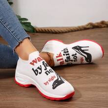 Women's Mid-Top Sports Shoes With Air-Cushioned EVA Sole, "Walk By Faith" And Red Accents - Slip-On Casual Shoes Suitable For All Seasons, Hand-Washable Knitted Fabric, All-Season Footwear, Bold Pattern Design, Air-Cushioned Shoes - 紅色 - 查看 5