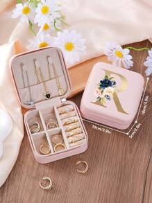 1pc Floral Rose Initial Jewelry Box, A-Z PU Leather White Portable Travel Jewelry Box, Black Jewelry Storage Box, Pink Mini Portable Zipper Jewelry Box, Necklace, Ring Pendant, Bracelet, Earring Storage Box, Jewelry Packaging Box, Suitable For Mother's Gift, Wedding Gift, Bridesmaid Gift, Anniversary Gift, Christmas Gift And Girlfriend's Boutique Gift. - Multicolor - View 86