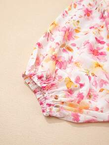 Acelitt Autumn Pink Printed Tassel Tie V-Neck Bubble Sleeve Waist Top - Pink - View 6